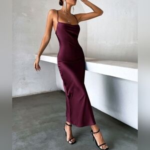 New Chic Cut Out Tie Back Cami Satin Slip Dress Red Wine Sangria